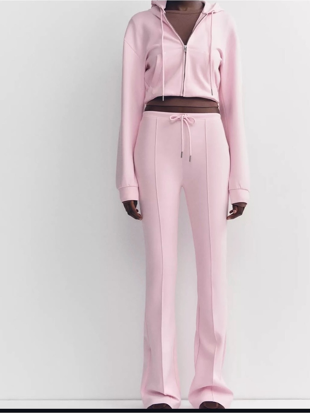 Zara Light Pink Cropped Zip Hoodie & High-Waist Track Pants Set